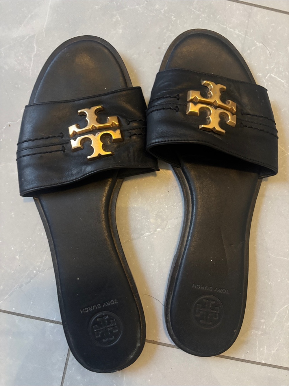 Tory Burch Black Leather Slide Sandals with Gold Logo Emblem